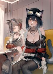 Rule 34 | 1boy, 1girl, absurdres, animal ear fluff, animal ears, arknights, bare shoulders, black dress, black hair, black headwear, black thighhighs, black vest, breasts, brown hair, brown skirt, cat ears, cat girl, cat tail, cleavage, collarbone, commentary request, couch, crossed arms, dress, goggles, goggles on head, hair between eyes, highres, indoors, looking at viewer, medium breasts, on couch, open clothes, open vest, orange eyes, ponytail, rockrock (arknights), sitting, skirt, stainless (arknights), tail, thighhighs, vest, welt (kinsei koutenkyoku)