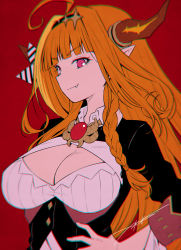 Rule 34 | 1girl, ahoge, blunt bangs, breasts, brown horns, cleavage, cleavage cutout, clothing cutout, dragon girl, dragon horns, highres, hololive, horns, kazuma muramasa, kiryu coco, kiryu coco (1st costume), large breasts, long hair, looking at viewer, orange hair, pointy ears, red background, red eyes, signature, simple background, solo, virtual youtuber