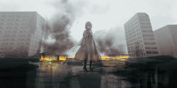 Rule 34 | 1girl, black footwear, black ribbon, boots, breasts, brown hair, building, burning, chihuri, closed mouth, cloud, cloudy sky, day, dress, fire, gloves, grey eyes, hairband, high heel boots, high heels, highres, juliet sleeves, long hair, long sleeves, looking at viewer, original, outdoors, puddle, puffy sleeves, red pupils, renata alekseevna tsvetaeva, ribbon, ruins, see-through, see-through silhouette, sky, sleeves past wrists, small breasts, smile, solo, standing, water, white dress, white gloves, white hairband, wide sleeves