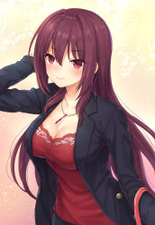 Rule 34 | 1girl, arm up, bag, black jacket, blush, breasts, buttons, cleavage, closed mouth, collarbone, contemporary, fate/grand order, fate (series), gae bolg (fate), glint, hand in own hair, handbag, highres, jacket, jewelry, large breasts, long hair, long sleeves, mashuu (neko no oyashiro), medium breasts, necklace, open clothes, open jacket, pendant, pink lips, polearm, purple hair, red eyes, red shirt, scathach (fate), shiny skin, shirt, simple background, smile, solo, spear, unbuttoned, upper body, very long hair, weapon, yellow background