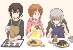 3girls, apron, black shirt, blue apron, blue eyes, bowl, brown apron, brown eyes, brown hair, casual, chocolate, collared shirt, commentary, cookie, cooking, eyebrows visible through hair, food, girls und panzer, hood, hood down, hoodie, itsumi erika, light frown, long sleeves, looking at another, macaron, medium hair, model tank, multiple girls, mutsu (layergreen), nishizumi maho, nishizumi miho, pastry bag, pink hoodie, shirt, siblings, silver hair, sisters, sleeves rolled up, sparkle, standing, stuffed animal, stuffed toy, teddy bear, valentine, yellow apron