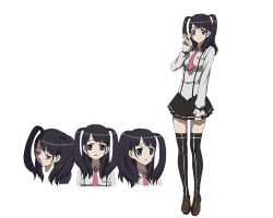 Rule 34 | 1girl, black hair, black skirt, black thighhighs, japanese text, long sleeves, mikage aina, necktie, official art, red necktie, sad, shirt, shoes, skirt, smile, solo, thighhighs, transparent background, twintails, white shirt, worried, z/x
