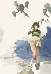 1girl asymmetrical_legwear brown_eyes brown_hair commentary copyright_name cropped_sweater drone english_commentary final_fantasy final_fantasy_vii final_fantasy_vii_remake fingerless_gloves firing floating full_body garter_straps gloves green_sweater gun headband highres looking_at_viewer machine machine_gun midriff navel open_fly open_mouth outdoors ribbed_sweater running sazaki_huangdalun short_hair shorts single_bare_shoulder single_garter_strap single_shoulder_pad single_thighhigh sleeveless sleeveless_turtleneck socks sweater thighhighs turtleneck turtleneck_sweater weapon white_socks yuffie_kisaragi