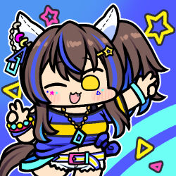 Rule 34 | 1girl, :3, ;d, animal ears, blue hair, blue shirt, brown hair, chibi, commentary, daitaku helios (umamusume), ear covers, fang, hair ornament, hairclip, horse ears, horse girl, jazz jack, long hair, looking at viewer, lowres, multicolored hair, one eye closed, open mouth, shirt, short shorts, shorts, smile, solo, star (symbol), streaked hair, striped clothes, striped shirt, two-tone hair, umamusume, white shorts, yellow eyes