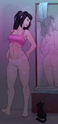Rule 34 | 1girl, bra, highres, jill stingray, looking at mirror, mirror, navel, panties, pink bra, purple eyes, purple hair, solo, standing, thighhighs, toned, underwear, va-11 hall-a, white panties