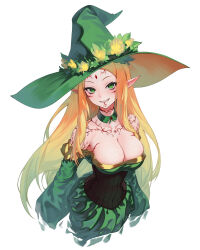 Rule 34 | 1girl, black corset, blonde hair, body markings, breasts, cleavage, commentary, corset, dress, elf, english commentary, facial mark, flower, forehead mark, gemi ningen, green dress, green eyes, green hat, grin, hat, highres, large breasts, long hair, looking at viewer, off-shoulder dress, off shoulder, original, pathfinder, pointy ears, sharp teeth, simple background, smile, solo, teeth, upper body, white background, witch hat