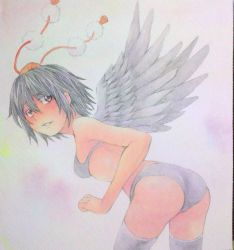 Rule 34 | 1girl, ass, bikini, black bikini, black bra, black hair, black panties, black thighhighs, black wings, blush, bra, breasts, brown eyes, clenched hand, cowboy shot, feathered wings, hat, highres, leaning forward, looking at viewer, looking back, painting (medium), panties, parted lips, pink background, pom pom (clothes), purple background, shameimaru aya, short hair, small breasts, smile, solo, swimsuit, thighhighs, tokin hat, touhou, traditional media, underwear, underwear only, watercolor (medium), wings, yuyu (00365676)