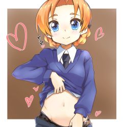 Rule 34 | 10s, black necktie, black pantyhose, blue eyes, blue skirt, blue sweater, braid, brown background, closed mouth, clothes lift, clothes pull, commentary, dress shirt, girls und panzer, heart, highres, lifted by self, long sleeves, looking at viewer, navel, necktie, orange hair, orange pekoe (girls und panzer), outside border, panties, panty pull, pantyhose, pantyhose pull, parted bangs, pink panties, polka dot, polka dot panties, pulled by self, school uniform, shirt, shirt lift, short hair, skirt, skirt pull, smile, solo, st. gloriana&#039;s school uniform, standing, sweater, toon (noin), twin braids, underwear, upper body, v-neck, white shirt, wing collar
