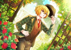 Rule 34 | 1boy, arch, arm up, blonde hair, brown pants, brown vest, collared shirt, flower, garden, gredell elle, green jacket, highres, jacket, lattice, limbus company, long sleeves, necktie, pants, plaid, plaid jacket, project moon, red flower, red necktie, red rose, rose, shirt, sinclair (project moon), solo, vest, walking, white shirt, yellow eyes