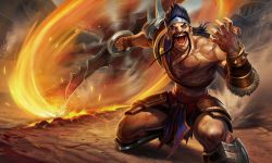 Rule 34 | 1boy, abs, alternate costume, arm tattoo, armor, axe, bandaged hand, bandages, black hair, blood, blood on clothes, charles liu, chest tattoo, clenched hand, crown, draven, facial hair, fighting stance, flaming weapon, gauntlets, gladiator draven, highres, kneeling, large pectorals, league of legends, leather, leather belt, leg armor, loincloth, looking at viewer, male focus, manly, mature male, muscular, muscular male, mustache, on one knee, open mouth, pectorals, resolution mismatch, sharp teeth, short hair, shoulder armor, smile, solo, source smaller, spiked hair, stadium, tattoo, teeth, thick arms, thick eyebrows, thick thighs, thighs, tongue, weapon