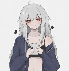 Rule 34 | 1girl, absurdres, ahoge, arknights, black tank top, blue jacket, closed mouth, collarbone, commentary, crop top, cup, hair between eyes, head tilt, highres, holding, holding cup, jacket, long hair, looking at viewer, navel, open clothes, open jacket, red eyes, sidelocks, single bare shoulder, single off shoulder, skadi (arknights), solo, spaghetti strap, tank top, upper body, wawamachi (wawamachis), white hair