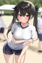 Rule 34 | 1girl, absurdres, arm under breasts, black hair, black shorts, blurry, blurry background, blush, breasts, closed mouth, cowboy shot, crossed bangs, gym uniform, highres, kaku yone, leaning forward, medium breasts, original, outdoors, red eyes, shirt, shorts, smile, solo focus, standing, sweat, track and field, twintails, white shirt