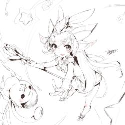 Rule 34 | 1girl, character request, dated, dress, ejami, gloves, league of legends, long hair, lulu (league of legends), monochrome, open mouth, pix (league of legends), signature, simple background, skirt, smile, solo, staff, star (symbol), star guardian (league of legends), star guardian lulu, white background