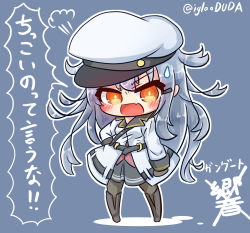 Rule 34 | asimo953, belt, black pantyhose, blue background, blush, boots, character name, chibi, commentary request, fang, gangut (kancolle), grey hair, hair ornament, hairclip, hat, highres, jacket, kantai collection, long hair, military, military jacket, military uniform, miniskirt, naval uniform, open mouth, orange eyes, pantyhose, peaked cap, red shirt, shirt, simple background, skirt, solo, speech bubble, translation request, uniform