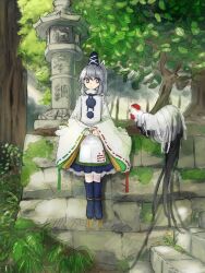Rule 34 | 1girl, bird, blue footwear, blue skirt, chicken, frilled skirt, frills, grey eyes, grey hair, hands on lap, hat, highres, japanese clothes, kariginu, looking at another, looking to the side, medium hair, mononobe no futo, outdoors, pleated skirt, pom pom (clothes), ponytail, ribbon-trimmed sleeves, ribbon trim, ritsuzou, rooster, side ponytail, sidelocks, sitting, sitting on stairs, skirt, stairs, stone lantern, tassel, tate eboshi, touhou, tree, turtleneck, wide sleeves