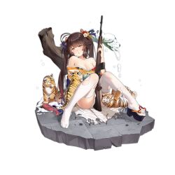 Rule 34 | 1girl, against tree, battle rifle, between legs, blue robe, blush, breasts, brown hair, bullet hole, chinese zodiac, claw mark, cleavage, colored tips, feet, flower, full body, girls&#039; frontline, gun, hair flower, hair ornament, hair ribbon, haneru, heavy breathing, holding, holding gun, holding weapon, japanese clothes, kimono, knees together feet apart, knees up, legs, long hair, looking at viewer, m14, m14 (girls&#039; frontline), m14 (tiger cubs of prosperity) (girls&#039; frontline), medium breasts, multicolored hair, nail polish, no shoes, official alternate costume, official art, okobo, on ground, open mouth, orange nails, platform clogs, red hair, ribbon, rifle, robe, sandals, simple background, single sandal, sitting, smile, snow, snow on tree, solo, thighhighs, tiger, tiger cub, toes, torn clothes, torn footwear, torn kimono, torn thighhighs, transparent background, tree, twintails, weapon, white thighhighs, year of the tiger, yellow eyes