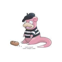 Rule 34 | baguette, baugette, beret, bread, creatures (company), crumbs, food, french clothes, game freak, gen 1 pokemon, hat, nintendo, no humans, open mouth, pokemon, pokemon (creature), shirt, slowpoke, solo, striped clothes, striped shirt, tail, teeth, wall-eyed
