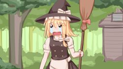 Rule 34 | 1girl, apron, black dress, blonde hair, bow, braid, broom, buttons, crying, dress, forest, hat, hat bow, highres, kirisame marisa, long hair, mary janes, meme, nature, pink bow, puffy sleeves, purple bow, sad, shirt, shoes, short hair, short sleeves, side braid, single braid, solo, touhou, vanilla flan, waist apron, white bow, white shirt, witch hat, yellow eyes