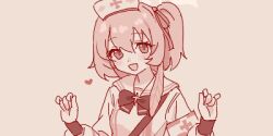 Rule 34 | 1girl, armband, blue archive, blush, bow, bowtie, feather hair, hair over shoulder, hands up, hat, heart, long hair, long sleeves, looking at viewer, lowres, maibotsumou, monochrome, nurse cap, oekaki, one side up, open mouth, puffy long sleeves, puffy sleeves, red theme, school uniform, serafuku, serina (blue archive), shoulder strap, sleeve cuffs, smile, solo, upper body, w arms