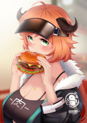 Rule 34 | 1girl, ahoge, arknights, bandeau, black jacket, blurry, blurry background, blush, breasts, burger, camisole, cleavage, clothes writing, commentary request, croissant (arknights), eating, food, fur-trimmed jacket, fur trim, green eyes, hands up, highres, holding, holding food, horns, jacket, large breasts, lenxiao, long hair, looking at viewer, orange hair, partial commentary, penguin logistics logo, solo, spaghetti strap, upper body, visor cap