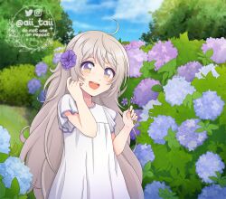 Rule 34 | 1girl, ahoge, aii taii, blue sky, bush, commentary, dress, english commentary, flower, holding, holding flower, light brown hair, long hair, mole, mole under mouth, multicolored eyes, open mouth, original, purple eyes, sky, smile, solo, tree, twitter username, very long hair, watermark, white dress, yellow eyes