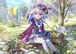 Rule 34 | 1girl, bead necklace, beads, black footwear, braid, braided ponytail, bug, butterfly, coin hair ornament, flower, genshin impact, grass, hair ornament, hand on headwear, hat, highres, holding, holding flower, insect, jewelry, jiangshi, maica sunahara, necklace, ofuda, outdoors, pink eyes, purple hat, qingdai guanmao, qiqi (genshin impact), sitting, talisman, thighhighs, tree, white thighhighs, wide sleeves, yellow butterfly