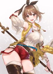 Rule 34 | 1girl, atelier (series), atelier ryza, atelier ryza 1, bare shoulders, belt, beret, black ribbon, blue belt, blush, breasts, brown belt, brown eyes, brown gloves, brown hair, camisole, cleavage, collarbone, flask, gloves, hair ornament, hairclip, hat, highres, jacket, jewelry, katase bono, large breasts, leather, leather belt, leather gloves, looking at viewer, navel, necklace, open mouth, red shorts, reisalin stout, ribbon, round-bottom flask, short hair, short shorts, shorts, single glove, sleeveless, sleeveless jacket, smile, solo, staff, star (symbol), star necklace, thighs, vial, white background, white camisole, white hat, yellow jacket