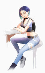 Rule 34 | 1girl, absurdres, bare shoulders, black choker, blue hair, bob cut, breasts, brown eyes, choker, cleavage, collarbone, creatures (company), crop top, denim, game freak, highres, jcstr, jeans, loose hair strand, medium breasts, midriff, navel, nintendo, off-shoulder shirt, off shoulder, pants, perrin (pokemon), pokemon, pokemon sv, shirt, short sleeves, sitting, solo, tongue, tongue out, torn clothes, torn jeans, torn pants