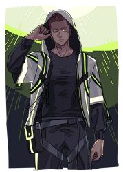 Rule 34 | 1boy, belt pouch, black pants, black shirt, brown hair, closed mouth, cropped legs, frown, grey jacket, hand up, hood, hooded jacket, jacket, kizaki reiji, layered sleeves, long sleeves, looking at viewer, male focus, ohhhhhhtsu, open clothes, open jacket, pants, pouch, shirt, short hair, short over long sleeves, short sleeves, solo, spiked hair, toned, toned male, world trigger