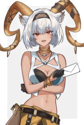 Rule 34 | 1girl, :d, animal ears, arknights, belt, black belt, black gloves, black hairband, bracelet, carnelian (arknights), commentary request, dark skin, gloves, hairband, highres, holding, holding letter, horns, jewelry, letter, looking at viewer, mabing, midriff, navel, neck ring, open mouth, red eyes, short hair, smile, solo, stomach, upper body, white hair