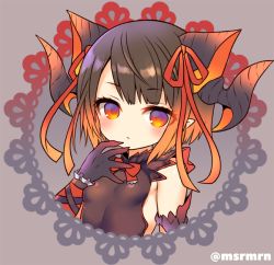 Rule 34 | 1girl, bad id, bad pixiv id, black gloves, blush, bow, bowtie, breasts, brown hair, brown shirt, dragon girl, dragon horns, elbow gloves, gloves, gradient hair, grey background, hair ribbon, horns, looking at viewer, mashiro miru, multicolored hair, myr (p&amp;d), orange hair, orange ribbon, parted lips, pointy ears, puzzle &amp; dragons, red bow, red bowtie, red eyes, ribbon, shirt, sleeveless, sleeveless shirt, small breasts, solo, twitter username