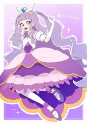 Rule 34 | 1girl, :d, aqua eyes, character name, commentary request, cure majesty, dress, elbow gloves, ellee-chan, eyelashes, gloves, hair ornament, happy, highres, hirogaru sky! precure, long hair, looking at viewer, magical girl, open mouth, pantyhose, precure, purple background, purple dress, purple hair, shirako love, smile, solo, standing, white pantyhose