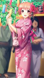 Rule 34 | 1girl, :d, doukyuusei another world, floral print, flower, game cg, green ribbon, hair flower, hair ornament, hair ribbon, japanese clothes, kimono, long sleeves, looking at viewer, official art, open mouth, orange hair, pink kimono, print kimono, red eyes, red flower, ribbon, sendou airi, short hair, smile, solo focus, standing, tanabata, tanzaku, twintails, wide sleeves, yukata