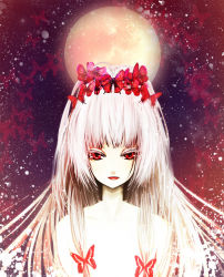 Rule 34 | 1girl, bad id, bad pixiv id, bare shoulders, bug, butterfly, colored eyelashes, eyelashes, face, female focus, fujiwara no mokou, full moon, hair ornament, hime cut, bug, long hair, moon, open mouth, paint splatter, pale skin, red eyes, shuo, smile, solo, touhou
