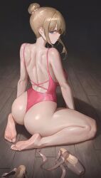 Rule 34 | 1girl, absurdres, athletic leotard, ballerina, ballet slippers, barefoot, blue eyes, breasts, closed mouth, commentary, english commentary, free style (yohan1754), from behind, hair bun, highres, indoors, large breasts, leotard, light brown hair, looking at viewer, looking back, median furrow, original, pink leotard, shoulder blades, sidelocks, soles, solo, thighs, unworn footwear, wooden floor