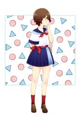 Rule 34 | 1girl, alternate costume, bag, blouse, blue sailor collar, blue skirt, brown footwear, brown hair, casual, full body, gradient hair, highres, kantai collection, loafers, looking to the side, multicolored hair, mutsuki (kancolle), pleated skirt, profile, red eyes, red hair, red neckwear, sailor collar, shirt, shoes, short hair, skirt, socks, solo, tanaka io (craftstudio), white background, white shirt