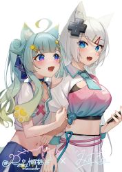 Rule 34 | 2girls, absurdres, ahoge, animal ear fluff, animal ears, blouse, blue eyes, blue hair, blue skirt, blunt bangs, blush, breasts, cat ears, collared shirt, fang, gradient hair, hair ornament, hairclip, highres, holding, holding another&#039;s arm, holding phone, illian-san, indie virtual youtuber, lanmewko, large breasts, long hair, mizuki (vtuber), multicolored hair, multiple girls, navel, necktie, open mouth, phone, pink shirt, purple eyes, see-through, shirt, signature, silver hair, simple background, skin fang, skirt, small breasts, star (symbol), star hair ornament, swept bangs, virtual youtuber, white background