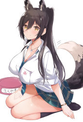 Rule 34 | 1girl, animal ears, black hair, blush, breasts, cleavage, collarbone, collared shirt, dog ears, dog tags, dog tail, dress shirt, green neckwear, hair between eyes, high ponytail, highres, idolmaster, idolmaster shiny colors, large breasts, long hair, looking at viewer, loose necktie, necktie, plaid, plaid skirt, pleated skirt, ponytail, shirase sakuya, shirt, simple background, skirt, smile, tail, tetsujin momoko, white background, white shirt, yellow eyes