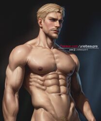 Rule 34 | 1boy, abs, bara, blonde hair, closed mouth, completely nude, facial hair, highres, large pectorals, looking at viewer, male focus, male pubic hair, muscular, muscular male, navel, nipples, nude, paid reward available, patreon username, pectorals, pubic hair, reiner braun, shingeki no kyojin, short hair, solo, twitter username, urielbeaupre15