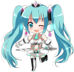 Rule 34 | 1girl, ;d, aoba mina, aqua eyes, aqua hair, blush, chibi, closed umbrella, detached sleeves, full body, gloves, hatsune miku, long hair, lowres, midriff, navel, no nose, one eye closed, open mouth, race queen, racing miku, racing miku (2012), smile, solo, standing, standing on one leg, thighhighs, twintails, umbrella, very long hair, vocaloid, white background