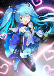 Rule 34 | 1girl, ;d, black gloves, black thighhighs, blue hair, blue skirt, blush, commentary, commentary request, elbow gloves, full body, gloves, glowstick, green eyes, hair between eyes, hair ornament, hatsune miku, hatsune miku graphy collection, hayama eishi, heart, heart hair ornament, holding, holding microphone, long hair, looking at viewer, microphone, official art, one eye closed, open mouth, outstretched arm, plaid, plaid skirt, pleated skirt, purple footwear, purple shirt, sailor collar, shirt, shoes, sidelocks, skirt, sleeveless, sleeveless shirt, smile, solo, standing, standing on one leg, thighhighs, very long hair, vocaloid, white sailor collar, winged footwear, wings