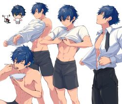 Rule 34 | 1boy, abs, bare shoulders, black necktie, blue hair, chibi, clothes lift, eating, ensemble stars!, from side, groin, hair between eyes, highres, holding, holding plate, light blush, light frown, looking up, male focus, multiple views, necktie, nipples, open clothes, open shirt, parted lips, pectorals, plate, sazanami jun, shirt, shirt lift, short hair, simple background, solo, teeth, toroi (run01211), undressing, upper body, upper teeth only, white shirt, yellow eyes