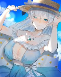 Rule 34 | 1girl, absurdres, anastasia (fate), anastasia (swimsuit archer) (fate), anastasia (swimsuit archer) (first ascension) (fate), bad id, bad pixiv id, bare shoulders, blue dress, blue eyes, blue sky, blush, bracelet, breasts, closed mouth, collarbone, dress, earrings, fate/grand order, fate (series), hair over one eye, hairband, hat, highres, jewelry, large breasts, long hair, looking at viewer, necklace, pendant, silver hair, sky, smile, solo, straw hat, tsumuko, very long hair