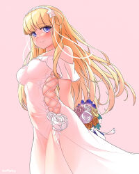 Rule 34 | 1girl, arthur ko, blonde hair, blue eyes, blush, bouquet, breasts, clothing cutout, covered navel, dress, fletcher (kancolle), flower, hair ornament, highres, holding, holding bouquet, kantai collection, large breasts, long hair, official alternate costume, pink background, red flower, red rose, rose, side cutout, simple background, smile, solo, standing, star (symbol), star hair ornament, very long hair, white dress, white flower, white rose, yellow flower, yellow rose