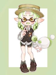 Rule 34 | 1girl, bike shorts, black footwear, black shorts, blush, border, bow, brown hat, commentary request, fang, full body, green border, green bow, green hair, green socks, gun, hat, hat bow, highres, holding, holding gun, holding weapon, inkling, inkling girl, inkling player character, lemo (lemo 4), looking at viewer, luna blaster (splatoon), medium hair, nintendo, open mouth, outside border, pointy ears, shoes, shorts, simple background, smile, socks, solo, splatoon (series), splatoon 3, standing, star-shaped pupils, star (symbol), symbol-shaped pupils, tentacle hair, weapon, white background, yellow eyes