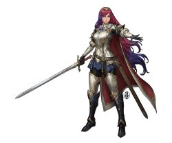 Rule 34 | 1girl, alear (female) (fire emblem), alear (fire emblem), alternate costume, armor, blue eyes, fire emblem, fire emblem engage, full body, heterochromia, highres, john dimayuga, long hair, multicolored hair, nintendo, outstretched arm, red eyes, red hair, redesign, simple background, solo, standing, sword, two-tone hair, unsheathed, very long hair, weapon, white background
