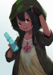 Rule 34 | 10s, 1girl, :d, anoshiras ii, arm up, black gloves, black hair, blue background, blush, bottle, braid, brown dress, collarbone, commentary, dark-skinned female, dark skin, dress, fingerless gloves, fingernails, gloves, gradient background, green jacket, grey background, gridman universe, head tilt, highres, holding, holding bottle, hood, hood up, hooded jacket, jacket, long hair, long sleeves, looking at viewer, low twintails, open mouth, ramune, red eyes, single glove, smile, solo, ssss.gridman, treble clef, twin braids, twintails, uneg, upper body