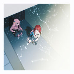Rule 34 | 2girls, aquarius (constellation), black skirt, bocchi the rock!, cancer (constellation), commentary request, constellation, cube hair ornament, electric guitar, from above, full body, gotoh hitori, guitar, hair ornament, highres, instrument, kita ikuyo, leo (constellation), long hair, mogggggge, multiple girls, music, open mouth, pink hair, pink track suit, playing instrument, pleated skirt, school uniform, scorpius (constellation), serafuku, sitting, skirt, sweatdrop