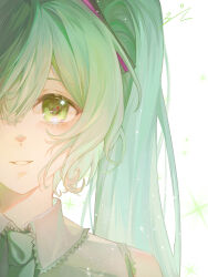 1girl bare_shoulders close-up collared_shirt commentary diamond_in_eye dot_nose dress_shirt english_commentary eye_focus eyelashes green_eyes green_hair green_necktie green_theme grey_shirt hair_between_eyes hatsune_miku highres lens_flare light_particles light_smile long_hair looking_at_viewer makino_gengetsu necktie parted_lips shirt sidelighting sidelocks simple_background sleeveless sleeveless_shirt solo sparkle straight_hair symbol_in_eye tareme upper_body very_long_hair vocaloid wavy_sidelocks white_background