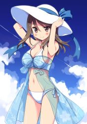 Rule 34 | 10s, 1girl, alternate headwear, bikini, blue bow, blue ribbon, bow, breasts, cleavage, closed mouth, cloud, cloudy sky, commentary request, contrail, cowboy shot, day, floral print, girls und panzer, hands on headwear, hat, hat bow, hat ribbon, long hair, looking at viewer, medium breasts, mika (girls und panzer), odawara hakone, outdoors, ribbon, see-through, sky, smile, solo, standing, sun hat, swimsuit, swimsuit cover-up, white bikini, white hat